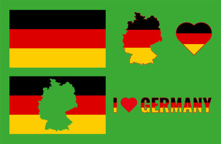 Set of vector illustrations with german flag, country outline map and heart. travel concept.のイラスト素材