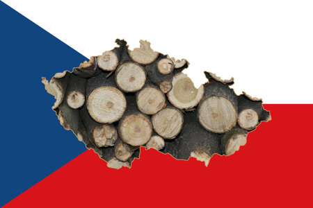 Outline map of the Czech Republic with the image of the national flag. Firewood background inside the card. Collage illustration. energy crisis.の写真素材