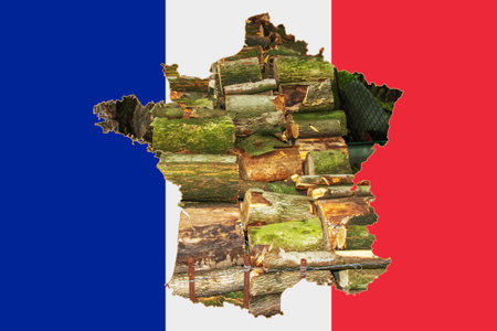Contour map of France with the image of the national flag. Background of firewood inside the map. Collage illustration. energy crisis.の写真素材