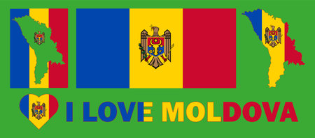 Set of vector illustrations with Moldova flag, country outline map and heart. travel concept.のイラスト素材