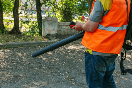 Cleaning up falling leaves in city park during spring sunny dry time. Using a blower for cleaning in...