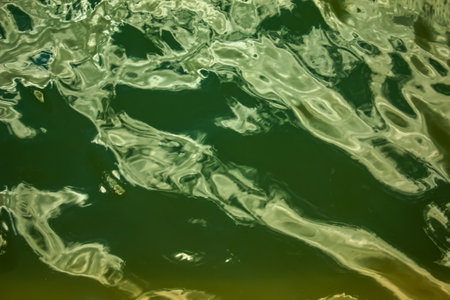 Water ripple texture background. Wavy water surface during sunset, golden light reflecting in the water.の写真素材