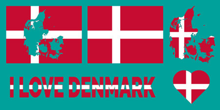 Set of vector illustrations with Denmark flag, country outline map and heart. travel concept.のイラスト素材