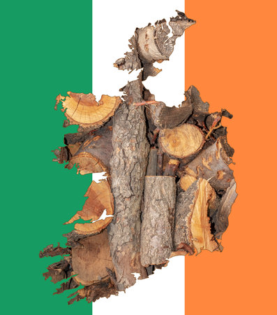 Outline map of Ireland with the image of the national flag. Firewood inside the map. Collage. energy crisis.の写真素材