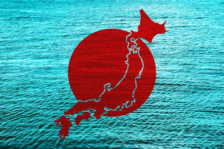 Flag of Japan and contour map of the country on the texture. Collage.