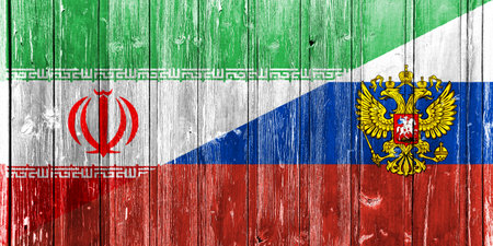 Flag of Russia and Iran on wooden boards. Concept of cooperation between two countriesの写真素材