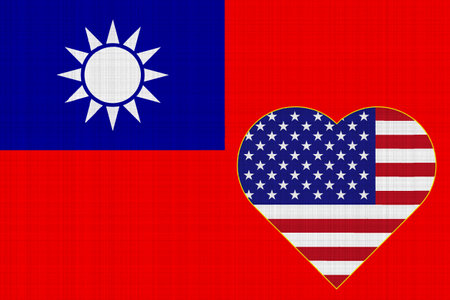 Flag of Taiwan and USA on textured fabric. The concept of cooperation between the two countries.の写真素材