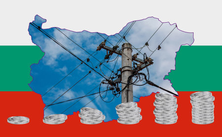 Outline map of the Bulgaria with the image of the national flag. Power line inside the map. Stacks of euro coins. Collage. energy crisis.の写真素材