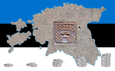 Outline map of Estonia with the image of the national flag. Manhole cover of the gas pipeline system inside the map. Stacks of Euro coins. Collage. energy crisis.の写真素材