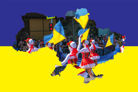 Dnipro, Ukraine - 09.11.2021: Citizens celebrate City Day. Girls dancers with waving flags of Ukraine.のeditorial素材