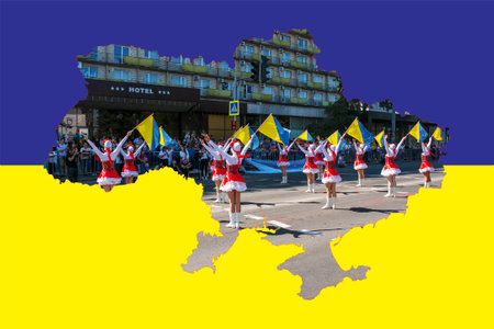 Dnipro, Ukraine - 09.11.2021: Citizens celebrate City Day. Girls dancers with waving flags of Ukraine.のeditorial素材
