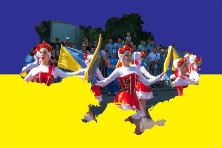 Dnipro, Ukraine - 09.11.2021: Citizens celebrate City Day. Girls dancers with waving flags of Ukraine.のeditorial素材