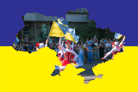 Dnipro, Ukraine - 09.11.2021: Citizens celebrate City Day. Girls dancers with waving flags of Ukraine.のeditorial素材