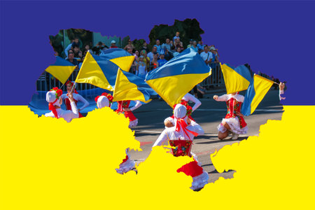 Dnipro, Ukraine - 09.11.2021: Citizens celebrate City Day. Girls dancers with waving flags of Ukraine.のeditorial素材