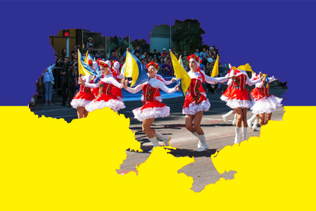 Dnipro, Ukraine - 09.11.2021: Citizens celebrate City Day. Girls dancers with waving flags of Ukraine.のeditorial素材