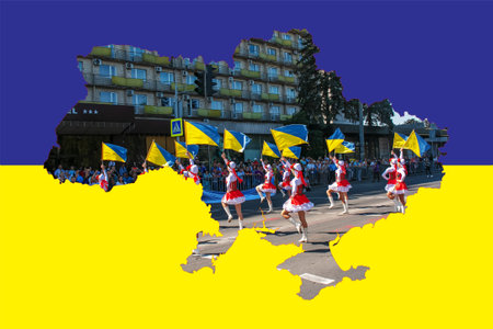 Dnipro, Ukraine - 09.11.2021: Citizens celebrate City Day. Girls dancers with waving flags of Ukraine.のeditorial素材