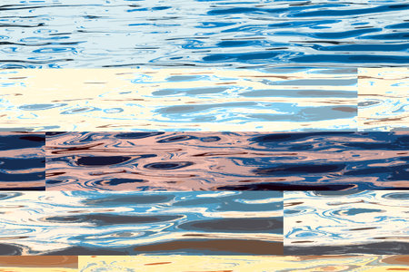 Vector illustration of water ripple texture background. Wavy water surface during sunset, golden light reflecting in the water.のイラスト素材