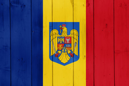 Flag and coat of arms of Romania on a textured background. concept collage.の写真素材