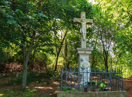 Nitra, Slovakia - 06.17.2022: Calvary in Nitra city with Zobor hill, Slovak republic. religious place. cultural heritage. travel destination. Sculpture at the foot of the hill.のeditorial素材