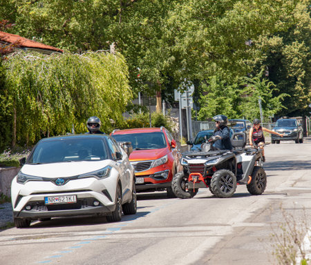 Nitra, Slovakia - 06.18.2022: Bikers on a motorcycle ride through the city streets.のeditorial素材