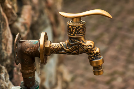 Antique brass water faucet as an architectural monument. Old tap with water on the street.