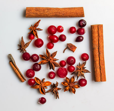Set of seasonal fruits and spices for winter drinks and food. Cinnamon sticks, star anise, pomegranate seeds, mandarin, blueberry. Background of spices for mulled wine.の写真素材