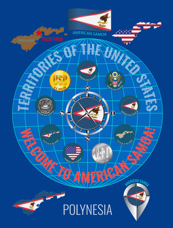 <p>Set of illustrations of Flag, outline map, icons of American Samoa. Eastern SAMOA. travel concept.</p>のイラスト素材