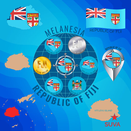 Set of illustrations of flag, contour map, money, icons of Fiji Island. travel concept.のイラスト素材