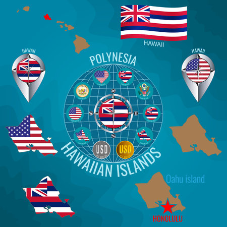 <p>Set of illustrations of flag, outline map, money, icons of Hawaii. travel concept.</p>のイラスト素材