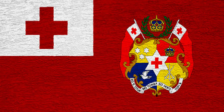Flag and coat of arms of the Kingdom of Tonga on a textured background. concept collage.の写真素材