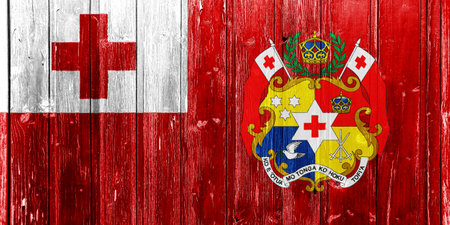 Flag and coat of arms of the Kingdom of Tonga on a textured background. concept collage.の写真素材