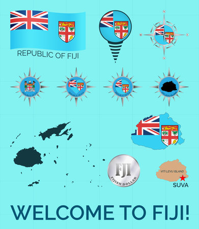 Set of illustrations of flag, contour map, money, icons of Fiji Island. travel concept.のイラスト素材