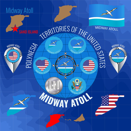Set of illustrations of flag, contour map, money, icons of MIDWAY ATOLL. travel concept.のイラスト素材