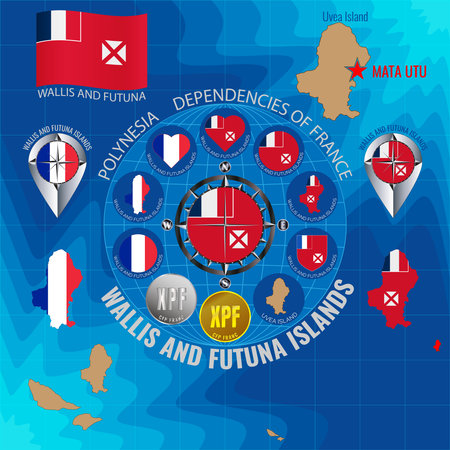 Set of illustrations of flag, contour map, money, icons of Wallis and Futuna Islands. travel concept.のイラスト素材