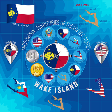 Wake Islands flag, outline map, money, icons illustration set. travel concept.のイラスト素材