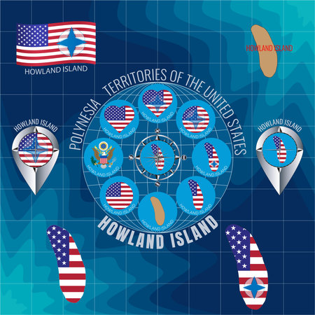 Set of illustrations of flag, contour map, money, icons of HOWLAND ISLAND. Territories of the United States. travel concept.のイラスト素材