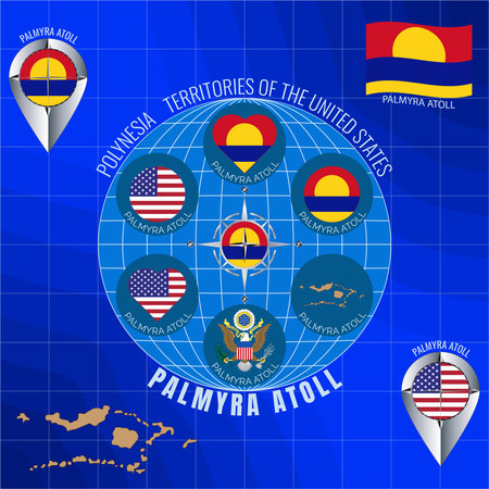 Set of illustrations of PALMYRA ATOLL flag, contour map, icons. US territory. travel concept.のイラスト素材