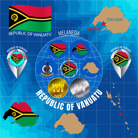 Set of illustrations of flag, outline map, Vanuatu icons. travel concept.のイラスト素材