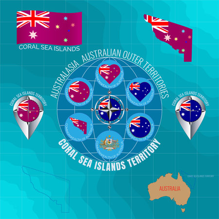 Set of illustrations of flag, outline map, icons CORAL SEA ISLANDS TERRITORY. AUSTRALIAN OUTER TERRITORIES. travel concept.のイラスト素材
