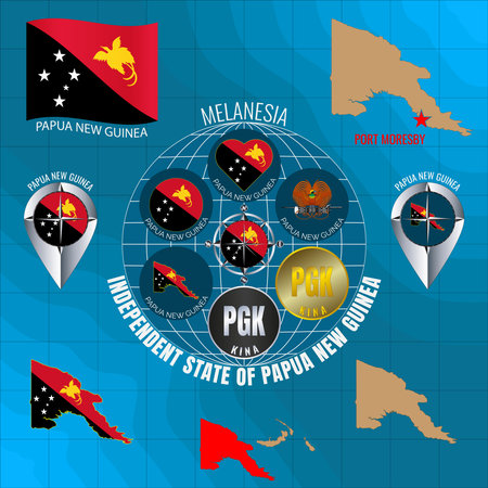 Set of illustrations of flag, outline map, icons of INDEPENDENT STATE OF PAPUA NEW GUINEA. travel concept.のイラスト素材