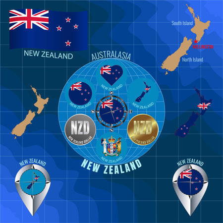 Set of illustrations of flag, outline map, icons of NEW ZEALAND. travel concept.のイラスト素材
