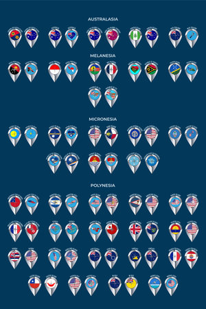 Set of illustrations of pointers in the form of flags of the countries of Australia and Oceania. Groups of Australasia, Micronesia, Melanesia and Polynesia.のイラスト素材