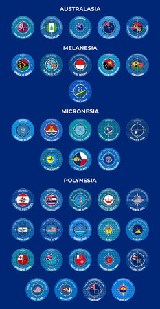 Set of vector illustrations of the flags of the countries of Australia and Oceania in the form of a wind rose. Groups of Australasia, Micronesia, Melanesia and Polynesia.のイラスト素材