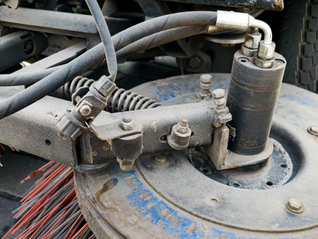 Close-up sweeper machine cleaning. Concept clean streets from debris.の写真素材