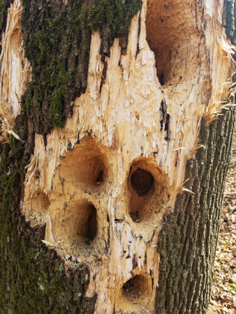 Holes in wood. Woodpeckers destroy trees in Berdsk. Birds gouge mostly diseased trees, getting food. The surface of a tree destroyed by woodpeckers. Evidence of damage on an old hollow tree.の写真素材