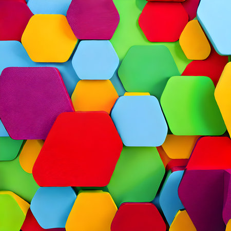 Geometric pattern of overlapping polygons in spring colors. Image created with Generative AI. geometric texture.の素材