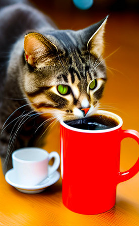 Cute cat drinks coffee from a red cup. The image was created using generative AI.の素材