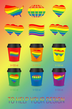 Set of illustrations of 100ml single layer paper cups with LGBT . Rainbow icon set. Help graphic designer.のイラスト素材