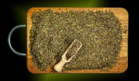 Thyme dry herb texture background. Latin name Thymus vulgaris L. Medicinal herbs. The concept of traditional medicine.の写真素材