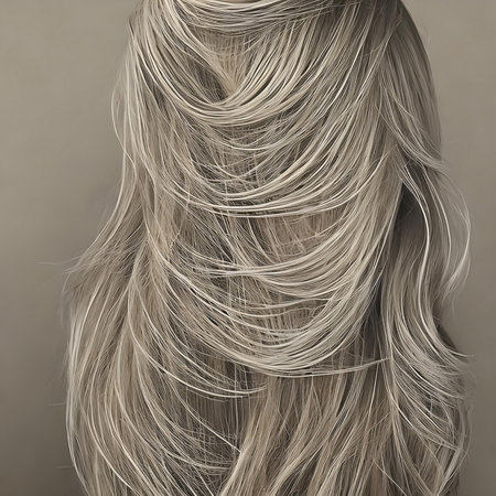Illustration of blond curly hair. Back view hairstyle with long wavy hair. The image was created using generative AI.の素材